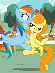 Size: 584x774 | Tagged: safe, artist:silentfilly, derpibooru import, carrot top, golden harvest, rainbow dash, earth pony, pegasus, pony, background used, base used, blushing, carrot, carrotdash, crack shipping, duo, duo female, female, floating heart, food, g4, half-lidded eyes, heart, holding a pony, image, lesbian, mare, png, shipping, smiling, surprised