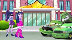 Size: 1223x689 | Tagged: safe, artist:fireluigi29, derpibooru import, sci-twi, twilight sparkle, twilight sparkle (alicorn), alicorn, human, equestria girls, big crown thingy, canterlot high, car, cars (pixar), chick hicks, chief chick, element of magic, fall formal outfits, forklift, g4, image, jewelry, pick-up truck, png, random pictures pasted next to each other, regalia, twolight, wide chick pity