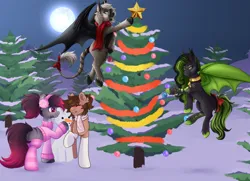 Size: 1778x1284 | Tagged: safe, artist:madelinne, artist:szkar, artist:vincent, derpibooru import, oc, oc:anna, oc:devilvoice, oc:maddy, oc:noctem dieva, bat pony, earth pony, bat pony oc, bat wings, christmas, christmas tree, clothes, collaboration, earmuffs, earth pony oc, holiday, image, jpeg, moon, scarf, socks, tree, wings