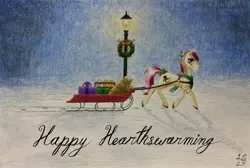 Size: 2048x1378 | Tagged: safe, artist:antnoob, artist:lightsolver, derpibooru import, roseluck, earth pony, pony, card, christmas, christmas card, female, hearth's warming, holiday, image, jpeg, mare, night, sleigh, snow, solo, traditional art, watercolor painting, wreath