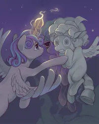 Size: 819x1024 | Tagged: safe, artist:altruistartist, derpibooru import, cozy glow, princess flurry heart, alicorn, ghost, pegasus, pony, undead, fanfic:the roles we (are fated to) play, cover art, duo, fanfic art, female, image, jpeg, legion of doom statue, lesbian, magic, sad, scared, ship:cozyheart, shipping, statue