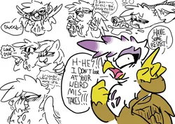 Size: 1100x779 | Tagged: artist needed, safe, derpibooru import, gilda, rainbow dash, gryphon, pegasus, pony, blush lines, blushing, cup, dialogue, drink, drunk, drunk bubbles, drunk gilda, drunker dash, dweeb, female, g4, gildash, hiccup, image, implied oc, lesbian, looking at you, looking offscreen, png, shipping, talking to viewer