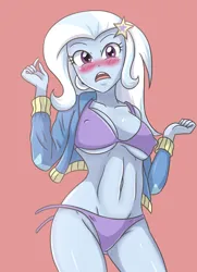 Size: 2066x2854 | Tagged: suggestive, artist:sumin6301, derpibooru import, trixie, human, equestria girls, belly button, blushing, bra, breasts, busty trixie, cleavage, clothes, erect nipples, female, g4, hairclip, image, imminent wardrobe malfunction, jacket, jpeg, looking at you, midriff, nipple outline, open mouth, panties, red background, simple background, solo, solo female, stars, thighs, thong, underwear