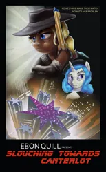 Size: 1181x1920 | Tagged: safe, artist:droakir, derpibooru import, oc, unofficial characters only, pony, unicorn, blade runner, city, clothes, crossover, fanfic art, gun, hat, image, png, poster parody, twilight sparkle's cutie mark, weapon