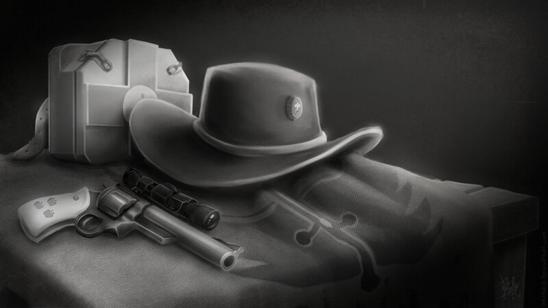 Size: 1920x1080 | Tagged: safe, artist:droakir, derpibooru import, fallout equestria, bag, banner, cowboy hat, grayscale, gun, handgun, hat, image, jpeg, little macintosh, medical bag, monochrome, no pony, revolver, steel ranger, stetson, weapon