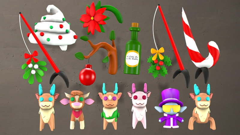 Size: 1920x1080 | Tagged: safe, artist:pika-robo, derpibooru import, cap (tfh), cashmere (tfh), velvet reindeer, cow, deer, reindeer, spideer, spider, winter sprite, them's fightin' herds, 3d, arizona (tfh), bottle, candy, candy cane, christmas, community related, food, hat, holiday, holly, holly mistaken for mistletoe, image, minicap, minicash, minivelvet, minivixen, minizona, mistletoe, ornament, plushie, png, poinsettia, source filmmaker, tree branch, vixen (tfh), whipped cream, wine bottle