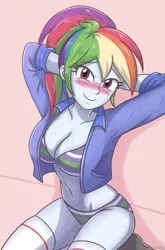 Size: 1884x2854 | Tagged: suggestive, artist:sumin6301, derpibooru import, rainbow dash, human, equestria girls, 2d, belly button, blushing, bra, breasts, busty rainbow dash, cleavage, clothes, female, g4, image, jacket, jpeg, long sleeves, looking at you, looking up, looking up at you, midriff, panties, pockets, shoes, sitting, smiling, smiling at you, socks, striped bra, striped underwear, thigh highs, thigh socks, underwear