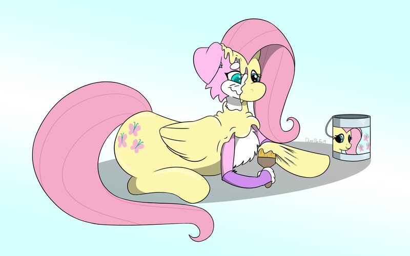 Size: 2048x1280 | Tagged: safe, artist:fox0808, derpibooru import, fluttershy, dog, pegasus, pony, female, furry, furry to pony, image, jpeg, lying down, paint, paint tf, paint transformation, paintbrush, prone, transformation, wavy mouth