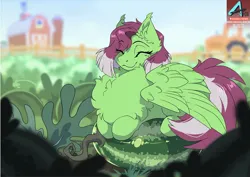 Size: 1100x777 | Tagged: safe, artist:arctic-fox, derpibooru import, oc, oc:watermelon success, unofficial characters only, pegasus, pony, behaving like a bird, chest fluff, eyes closed, farm, field, food, image, jpeg, pegasus oc, perching, silly, solo, watermelon, wings