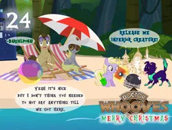 Size: 1032x774 | Tagged: safe, artist:bronybyexception, derpibooru import, derpy hooves, dinky hooves, doctor whooves, time turner, winona, dog, earth pony, pegasus, pony, unicorn, advent calendar, beach, beach ball, beach chair, beach towel, beach umbrella, bucket, buried, chair, dalek, dialogue, doctor who, female, filly, foal, hat, image, jpeg, male, mare, palette swap, recolor, sandcastle, shovel, speech bubble, stallion, sun hat, sunglasses, sunglasses on head, tardis, towel, umbrella