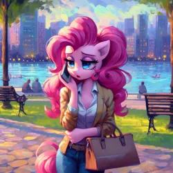 Size: 1024x1024 | Tagged: safe, ai content, derpibooru import, machine learning generated, pinkie pie, anthro, bag, bench, city, female, g4, generator:bing image creator, generator:dall-e 3, handbag, image, jpeg, lake, mobile phone, office lady, park, park bench, phone, prompter:horselover fat, sad, solo, water