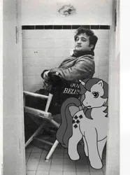 Size: 489x659 | Tagged: safe, artist:partyponypower, derpibooru import, gusty, human, pony, unicorn, g1, black and white, bow, derpibooru exclusive, female, grayscale, image, irl, irl human, john belushi, looking at you, mare, monochrome, photo, png, ponies in real life