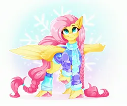 Size: 3000x2500 | Tagged: safe, artist:buvanybu, derpibooru import, fluttershy, pegasus, pony, clothes, female, high res, image, jpeg, mare, scarf, smiling, snow, solo, unshorn fetlocks, winter outfit