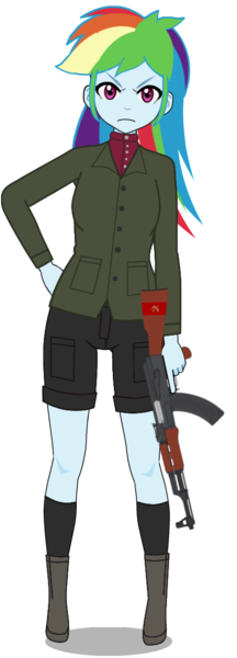 Size: 439x1220 | Tagged: safe, artist:edy_january, artist:tharn666, derpibooru import, rainbow dash, human, equestria girls, equestria girls series, ak-47, alternate name, angry, assault rifle, boots, clothes, commander, g4, girls und panzer, gun, humanized, image, kisekae, leader, military, military uniform, pants, png, polina alkov (pravda), pravda, rifle, shoes, short pants, simple background, socks, solo, soviet union, stockings, suit, sweater, thigh highs, transparent background, uniform, vice leader, weapon