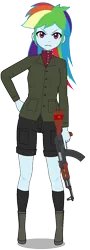 Size: 439x1220 | Tagged: safe, artist:edy_january, artist:tharn666, derpibooru import, rainbow dash, human, equestria girls, equestria girls series, ak-47, alternate name, angry, assault rifle, boots, clothes, commander, g4, girls und panzer, gun, humanized, image, kisekae, leader, military, military uniform, pants, png, polina alkov (pravda), pravda, rifle, shoes, short pants, simple background, socks, solo, soviet union, stockings, suit, sweater, thigh highs, transparent background, uniform, vice leader, weapon