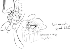 Size: 591x378 | Tagged: safe, artist:anonymous, twilight sparkle, oc, oc:anonfilly, pony, angry, black and white, dialogue, female, floppy ears, forced, grayscale, image, insult, looking at each other, magic, mare, monochrome, non-consensual boxing, nonconsensual, png, present, simple background, sketch, telekinesis, white background