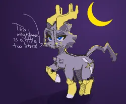 Size: 507x420 | Tagged: safe, derpibooru import, cat, goat, pony, armor, chest fluff, crossover, dialogue, goat horns, gray coat, horns, image, leg armor, moon, nightmare, png, pseudoregalia, simple background, solo, speech bubble, sybil, text, vank shush