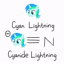 Size: 768x768 | Tagged: safe, artist:flutterthread8, derpibooru import, oc, oc:cyan lightning, unofficial characters only, pony, unicorn, chemicals, chemistry, colt, cyanide, foal, head only, image, jpeg, male, science, simple background, text