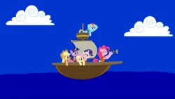 Size: 1074x606 | Tagged: safe, artist:hako33, derpibooru import, applejack, fluttershy, pinkie pie, rainbow dash, rarity, twilight sparkle, earth pony, pegasus, pony, unicorn, boat, image, jpeg, sailing