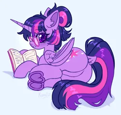 Size: 3606x3400 | Tagged: safe, artist:konejo, derpibooru import, twilight sparkle, twilight sparkle (alicorn), alicorn, pony, adorkable, book, butt, cute, dock, dork, ear fluff, eyebrows, eyebrows visible through hair, featureless crotch, female, folded wings, frog (hoof), g4, glasses, high res, horn, image, looking at you, lying down, mare, plot, png, side, solo, tail, twiabetes, underhoof, wings