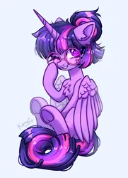 Size: 2112x2912 | Tagged: safe, artist:konejo, derpibooru import, twilight sparkle, twilight sparkle (alicorn), alicorn, pony, adorkable, chest fluff, cute, dork, ear fluff, eye clipping through hair, eyebrows, eyebrows visible through hair, female, frog (hoof), g4, glasses, high res, horn, image, looking at you, mare, one eye closed, partially open wings, png, raised hoof, round glasses, simple background, sitting, smiling, smiling at you, solo, twiabetes, underhoof, white background, wings, wink, winking at you