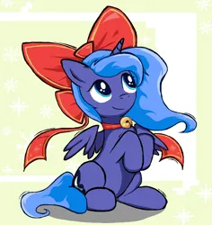 Size: 1341x1419 | Tagged: safe, artist:sallycars, derpibooru import, princess luna, alicorn, pony, bell, bell collar, bow, collar, cute, female, filly, filly luna, hair bow, image, mare, png, s1 luna, sitting, solo, younger