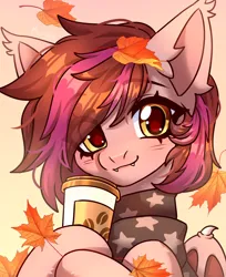 Size: 2776x3400 | Tagged: safe, artist:konejo, derpibooru import, oc, unofficial characters only, bat pony, pony, bat pony oc, bat wings, clothes, cup, cute, ear fluff, eye clipping through hair, eyebrows, eyebrows visible through hair, falling leaves, fangs, high res, hoof hold, image, leaves, looking at you, ocbetes, png, scarf, smiling, smiling at you, solo, wings