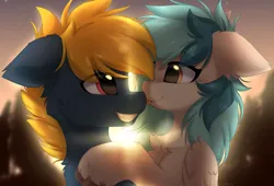 Size: 5489x3728 | Tagged: safe, artist:lunylin, derpibooru import, oc, oc:osteen, oc:peacher, unofficial characters only, pegasus, pony, absurd resolution, boop, chest fluff, commission, duo, duo male and female, ear fluff, eye clipping through hair, eyebrows, eyebrows visible through hair, female, floppy ears, folded wings, high res, husband and wife, image, male, mare, noseboop, oc x oc, peachsteen, pegasus oc, png, shipping, smiling, stallion, straight, tongue out, unshorn fetlocks, wings