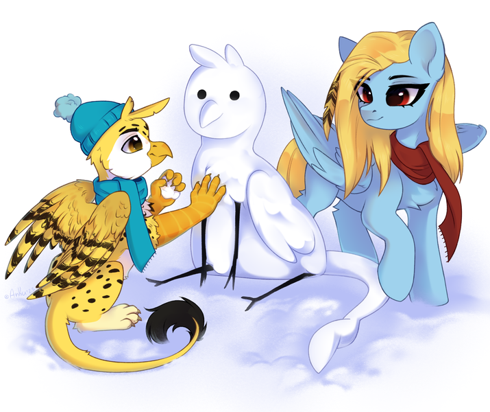 Size: 2148x1802 | Tagged: safe, artist:anku, derpibooru import, oc, oc:beaky, oc:brave blossom, unofficial characters only, gryphon, pegasus, pony, fanfic:yellow feathers, clothes, derpibooru exclusive, duo, feather, female, griffon oc, hat, image, male, mother and child, mother and son, pegasus oc, png, scarf, simple background, snow, snowgryphon, snowman, white background, wings, winter hat