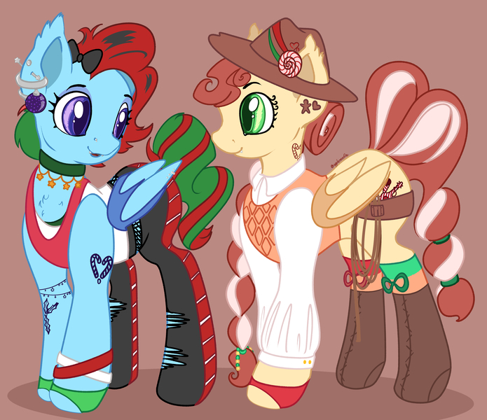 Size: 6895x5954 | Tagged: safe, artist:appleneedle, derpibooru import, oc, oc:jingle belle jangle, oc:jingle belle rock, bat pony, pony, boots, christmas, clothes, colored, cowboy, digital art, ear piercing, earring, flat colors, gloves, hat, holiday, image, jewelry, jingle bells, jpeg, lasso, music, outfit, piercing, punk, rope, shoes, socks, tattoo