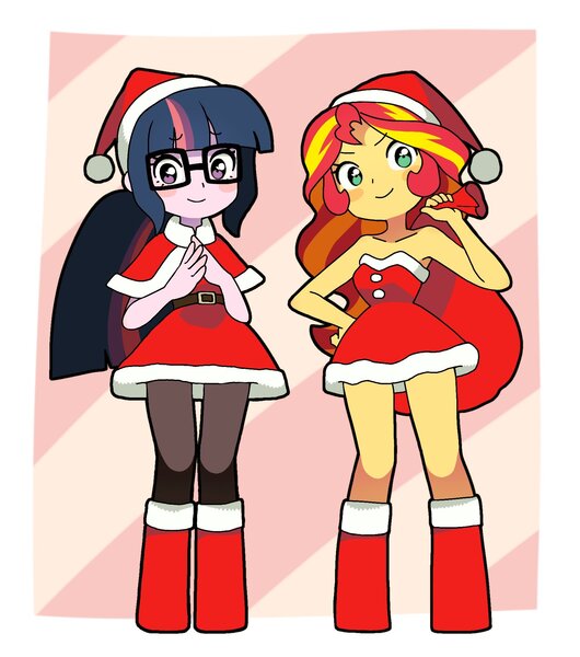 Size: 1724x1952 | Tagged: safe, artist:cheesesauce_45, derpibooru import, sci-twi, sunset shimmer, twilight sparkle, human, equestria girls, bare shoulders, blush sticker, blushing, boots, christmas, clothes, costume, cute, dress, duo, duo female, female, hands together, hat, holiday, image, jpeg, looking at you, santa costume, santa dress, santa hat, santa sack, shimmerbetes, shoes, smiling, smiling at you, twiabetes