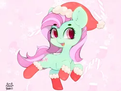 Size: 4000x3000 | Tagged: safe, artist:zokkili, derpibooru import, minty, earth pony, pony, g3, beanbrows, christmas, clothes, ear fluff, eyebrows, eyebrows visible through hair, female, hat, holiday, image, jpeg, looking at you, mare, open mouth, open smile, santa hat, signature, smiling, smiling at you, socks, solo