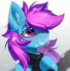 Size: 4004x4096 | Tagged: safe, artist:lunylin, derpibooru import, oc, oc:nohra, unofficial characters only, earth pony, pony, absurd resolution, clothes, ear fluff, earth pony oc, eye clipping through hair, eyebrows, eyebrows visible through hair, female, image, jpeg, mare, one eye closed, scarf, smiling, snow, snowfall, solo