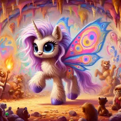 Size: 1024x1024 | Tagged: safe, ai content, derpibooru import, machine learning generated, prompter:mr.sy, oc, alicorn, flutter pony, insect, moth, mothpony, original species, cave, cavern, crowd, image, jpeg, stage