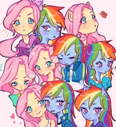 Size: 1759x1920 | Tagged: safe, artist:aoi kun, derpibooru import, fluttershy, rainbow dash, butterfly, human, insect, equestria girls, blue skin, blushing, butterfly hairpin, clothes, cute, dashabetes, duo, eyes closed, eyes open, female, floating heart, flutterdash, fluttershy is not amused, hairband, hairpin, heart, hoodie, image, jpeg, lesbian, looking at someone, looking at something, looking at you, looking down, open mouth, pony ears, ponytail, question mark, rainbow dash is not amused, shipping, shoulders, shyabetes, smiling, sparkles, stars, tanktop, unamused, yellow skin