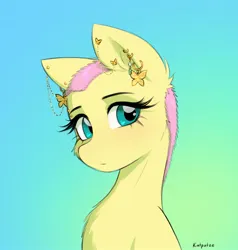 Size: 1849x1940 | Tagged: safe, artist:katputze, derpibooru import, fluttershy, pegasus, pony, alternate hairstyle, blushing, bust, buzzcut, ear piercing, earring, female, gradient background, image, jewelry, jpeg, looking at you, mare, piercing, short hair, short mane, signature, solo