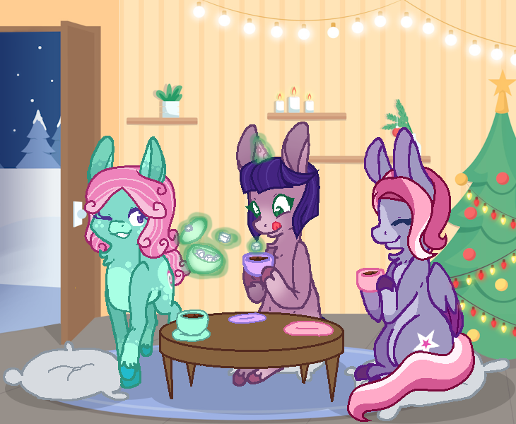 Size: 730x600 | Tagged: safe, artist:hate-love12, derpibooru import, kimono, minty, starsong, pony, g3, christmas, christmas tree, cup, holiday, image, pillow, png, snow, teacup, tree