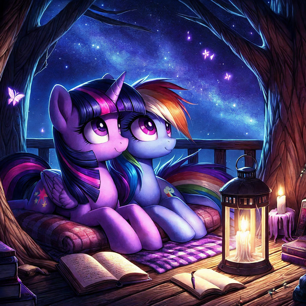Size: 1536x1536 | Tagged: safe, ai content, derpibooru import, machine learning generated, rainbow dash, twilight sparkle, twilight sparkle (alicorn), alicorn, butterfly, insect, pegasus, pony, blanket, book, candle, detailed background, duo, duo female, female, floor, g4, generator:dall-e 3, image, lantern, lesbian, looking up, lying down, mare, night, night sky, pen, png, prompter:tyto4tme4l, prone, railing, shipping, sky, smiling, stargazing, stars, tree, twidash, upscaled, wood
