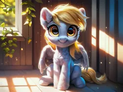 Size: 4096x3072 | Tagged: safe, ai content, derpibooru import, machine learning generated, stable diffusion, derpy hooves, pegasus, pony, chest fluff, crepuscular rays, cute, derpabetes, ear fluff, fluffy, generator:pony diffusion v6 xl, generator:purplesmart.ai, image, jpeg, leaf, looking at you, sitting, smiling, solo, window