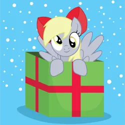 Size: 1601x1600 | Tagged: safe, artist:prixy05, derpibooru import, derpy hooves, pegasus, pony, blue background, bow, box, christmas, female, g4, hair bow, hat, holiday, image, looking at you, mare, png, pony in a box, present, santa hat, simple background, snow, solo