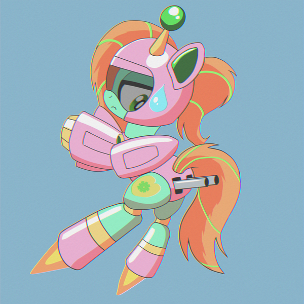 Size: 3000x3000 | Tagged: safe, artist:trackheadtherobopony, derpibooru import, oc, oc:goldheart, pony, robot, robot pony, flying, hoof cannon, image, png, sweat, sweatdrop, weapon