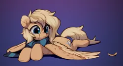 Size: 2085x1137 | Tagged: safe, artist:vensual99, derpibooru import, oc, oc:mirta whoowlms, unofficial characters only, pegasus, pony, clothes, crying, female, image, jpeg, lying down, mare, pegasus oc, prone, sad, scarf, solo, sploot, striped scarf, teary eyes, wings