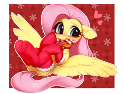 Size: 1732x1308 | Tagged: safe, artist:vensual99, artist:vvensual99, derpibooru import, fluttershy, pegasus, pony, bell, bell collar, blushing, candy, candy cane, christmas, christmas stocking, clothes, collar, cute, daaaaaaaaaaaw, dawwww, eyebrows, female, floppy ears, food, g4, heart, hnnng, holiday, image, mare, mouth hold, png, shyabetes, smiling, snow, snowflake, socks, solo, spread wings, weapons-grade cute, wings