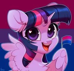 Size: 892x860 | Tagged: safe, artist:vensual99, derpibooru import, twilight sparkle, twilight sparkle (alicorn), alicorn, pony, bisexual pride flag, cute, ear fluff, female, g4, heart, heart eyes, horn, image, jpeg, looking at you, mare, mouthpiece, open mouth, open smile, pride, pride flag, smiling, smiling at you, solo, spread wings, twiabetes, wing hold, wingding eyes, wings