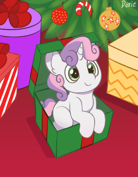 Size: 3200x4100 | Tagged: safe, artist:zeroonesunray, derpibooru import, sweetie belle, pony, unicorn, box, christmas, commission, female, filly, holiday, image, looking at you, mare, png, pony in a box, sitting, smiling, smiling at you, solo, ych result