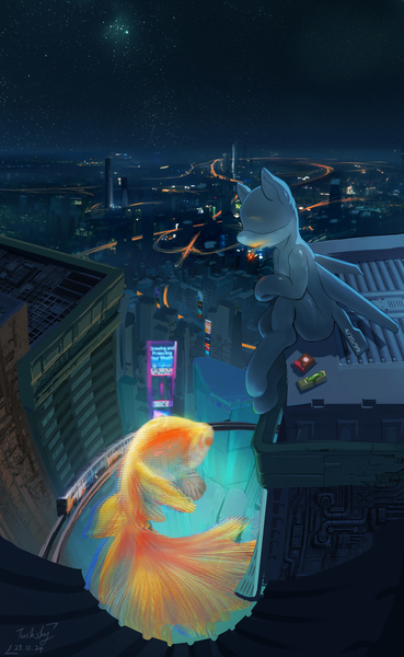 Size: 1904x3092 | Tagged: safe, artist:tucksky, derpibooru import, original species, plane pony, pony, city, commission, cyberpunk, image, jpeg, mq-1, night, plane