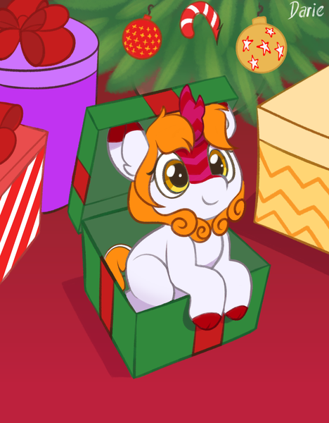 Size: 3200x4100 | Tagged: safe, artist:zeroonesunray, derpibooru import, oc, oc:karenina senna, unofficial characters only, kirin, box, candy, candy cane, christmas, christmas tree, commission, female, food, holiday, image, kirin oc, png, pony in a box, present, quadrupedal, sitting, solo, tree, ych result