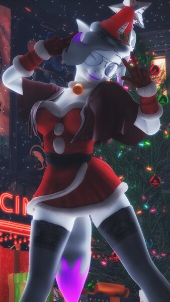 Size: 2160x3840 | Tagged: oc name needed, safe, alternate version, artist:artempredator, derpibooru import, oc, oc:hazel radiate, unofficial characters only, anthro, 3d, alternate character, breasts, christmas, christmas tree, clothes, commission, female, gloves, holiday, horn, image, jpeg, socks, solo, stockings, thigh highs, tree, wings, ych result
