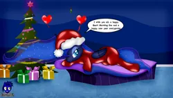 Size: 7680x4362 | Tagged: safe, artist:damlanil, derpibooru import, princess luna, alicorn, pony, bed, bodysuit, christmas, christmas decoration, christmas tree, clothes, comic, cute, decoration, female, floating heart, hat, heart, holiday, horn, image, latex, latex suit, looking at you, lunabetes, lying down, mare, mistletoe, on bed, png, present, rubber, santa hat, shiny, show accurate, smiling, smiling at you, solo, speech bubble, suit, symbiote, talking to viewer, text, tree, vector, wings