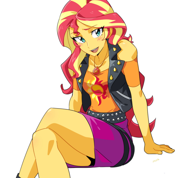 Size: 1586x1586 | Tagged: safe, artist:rustyartist, derpibooru import, edit, editor:itsmgh1203, sunset shimmer, human, equestria girls, equestria girls series, anime, blushing, boots, breasts, clothes, crossed legs, cute, cutie mark, cutie mark on clothes, eyebrows, female, g4, geode of empathy, high res, image, jewelry, leather, leather boots, leather vest, looking at you, magical geodes, necklace, open mouth, open smile, png, raised eyebrow, shimmerbetes, shoes, simple background, smiling, smiling at you, solo, stupid sexy sunset shimmer, transparent background, vest